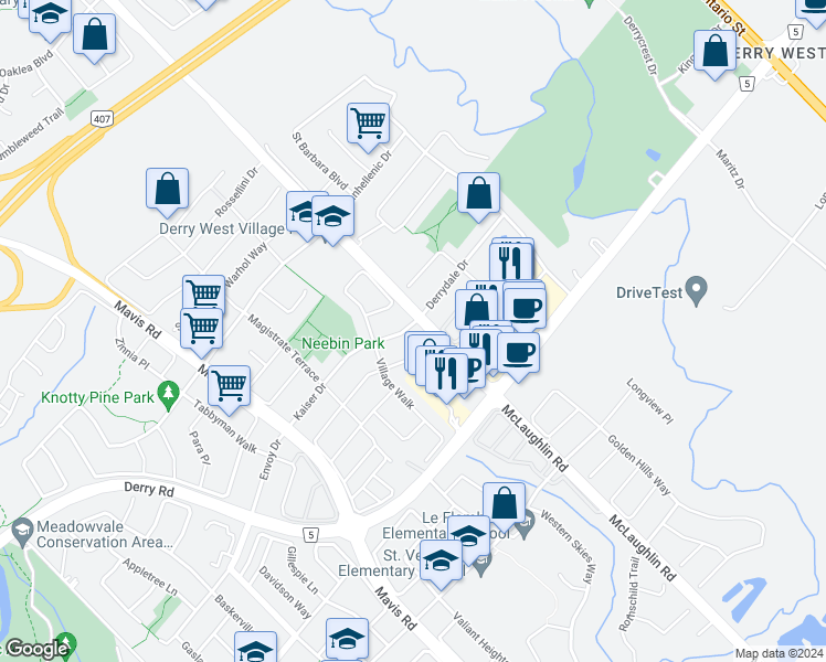 map of restaurants, bars, coffee shops, grocery stores, and more near 558 Kaiser Drive in Mississauga