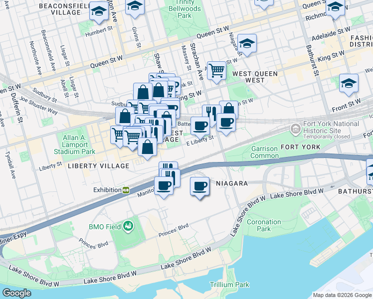 map of restaurants, bars, coffee shops, grocery stores, and more near 59 East Liberty Street in Toronto