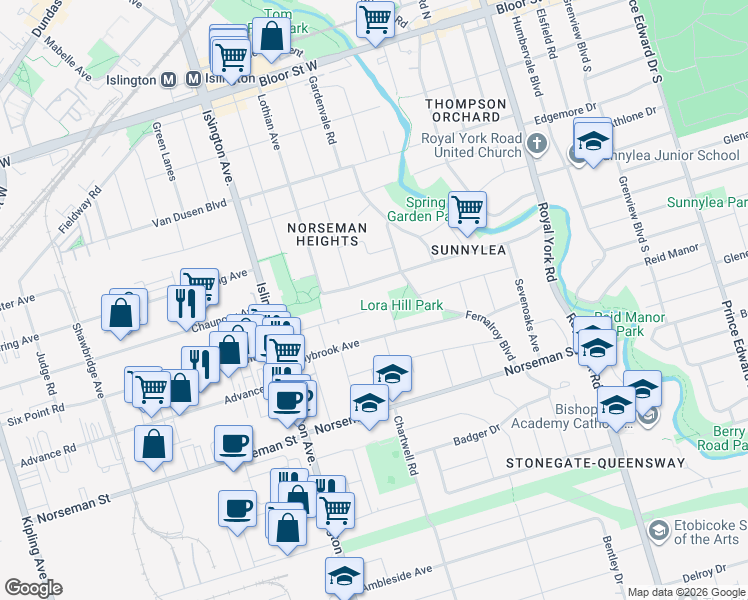 map of restaurants, bars, coffee shops, grocery stores, and more near in Toronto