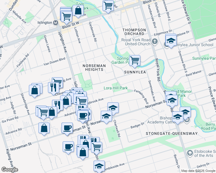 map of restaurants, bars, coffee shops, grocery stores, and more near 46 Cardigan Road in Toronto