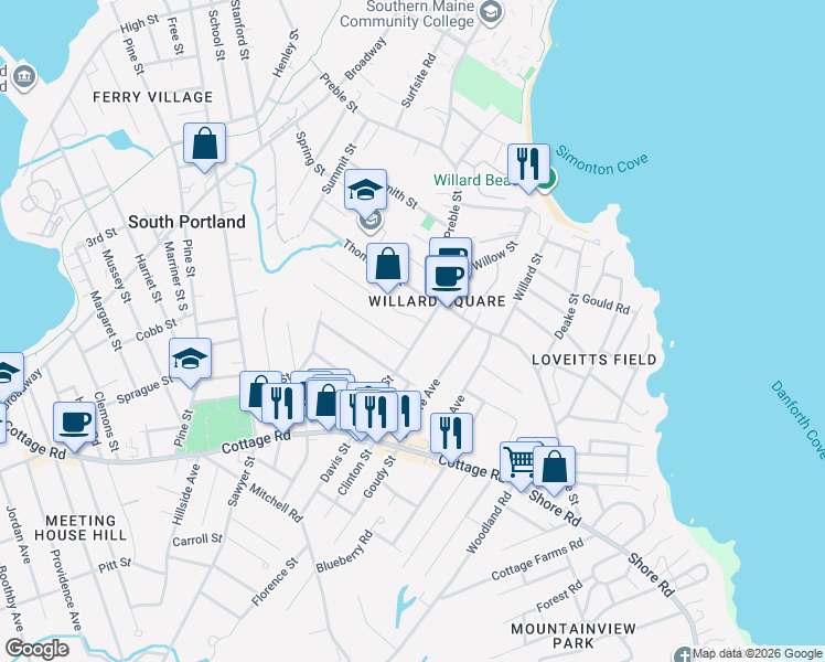 map of restaurants, bars, coffee shops, grocery stores, and more near 30 Pillsbury Street in South Portland