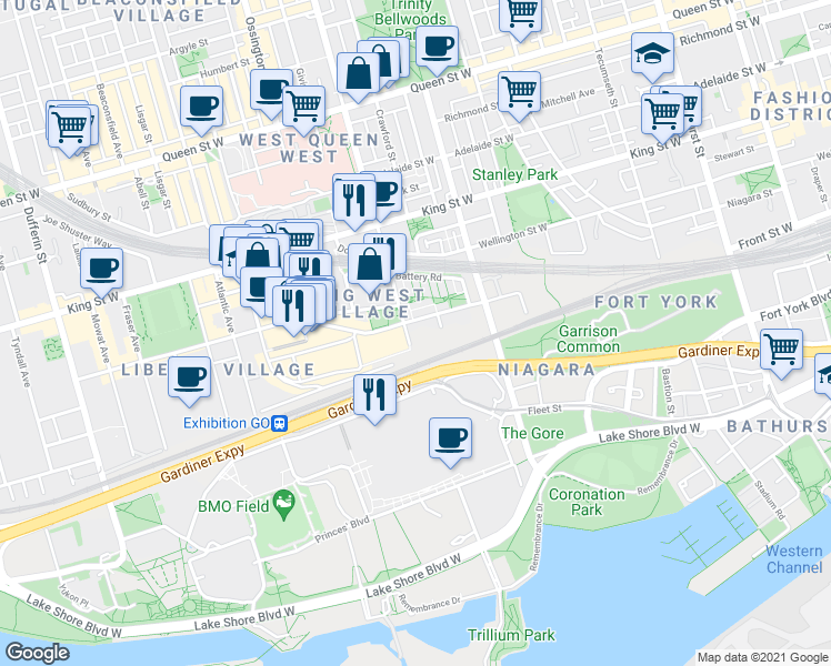 map of restaurants, bars, coffee shops, grocery stores, and more near in Toronto