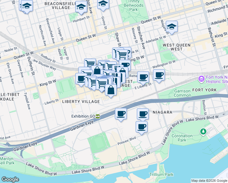 map of restaurants, bars, coffee shops, grocery stores, and more near 135 East Liberty Street in Toronto