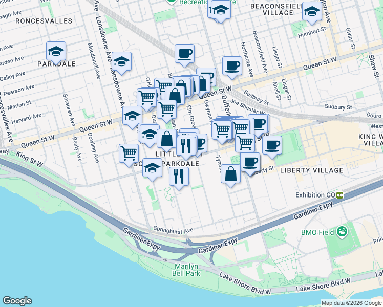 map of restaurants, bars, coffee shops, grocery stores, and more near 1307 King Street West in Toronto