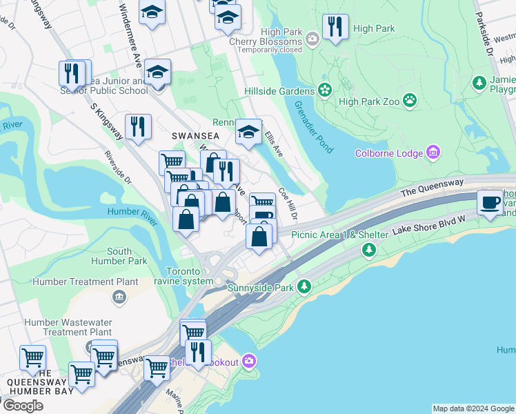 map of restaurants, bars, coffee shops, grocery stores, and more near in Toronto