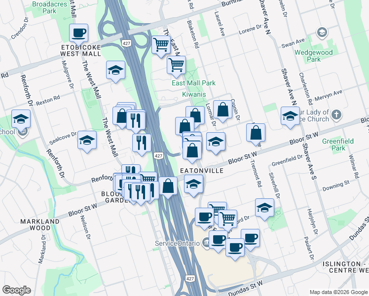 map of restaurants, bars, coffee shops, grocery stores, and more near 10 Gibbs Road in Toronto