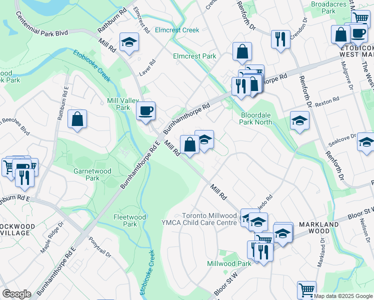 map of restaurants, bars, coffee shops, grocery stores, and more near in Toronto