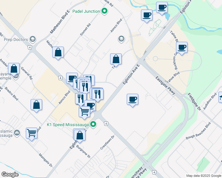 map of restaurants, bars, coffee shops, grocery stores, and more near 1500 Airport Road in Mississauga