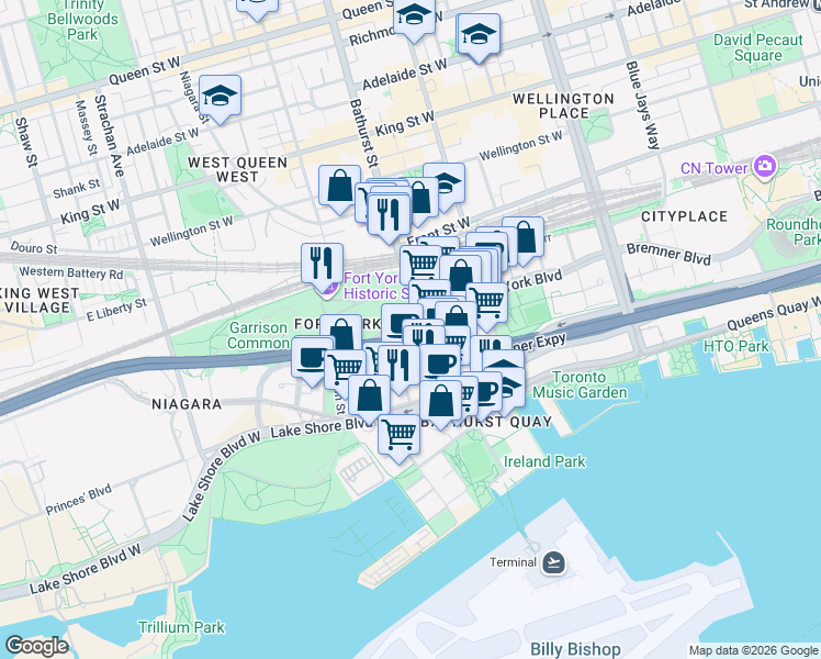 map of restaurants, bars, coffee shops, grocery stores, and more near 169 Fort York Boulevard in Toronto