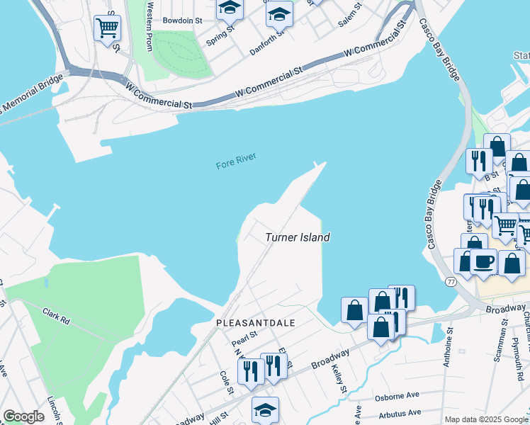 map of restaurants, bars, coffee shops, grocery stores, and more near 22 Mechanic Street in South Portland