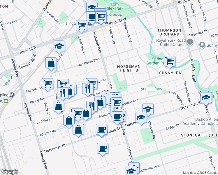 map of restaurants, bars, coffee shops, grocery stores, and more near 1126A Islington Avenue in Toronto