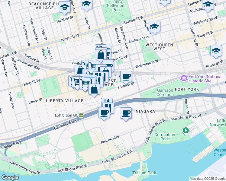 map of restaurants, bars, coffee shops, grocery stores, and more near 65 East Liberty Street in Toronto