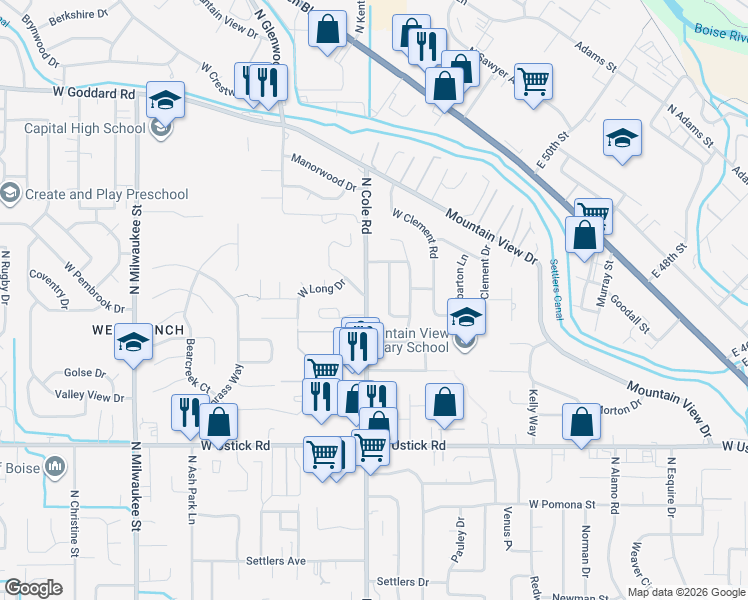 map of restaurants, bars, coffee shops, grocery stores, and more near 3630 North Cole Road in Boise
