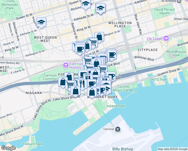 map of restaurants, bars, coffee shops, grocery stores, and more near 70 Queens Wharf Road in Toronto