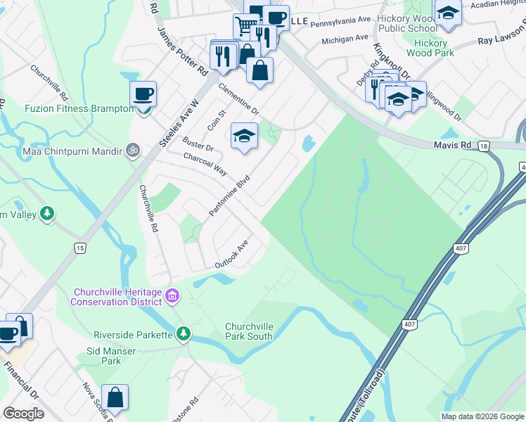 map of restaurants, bars, coffee shops, grocery stores, and more near 87 Ashdale Road in Brampton