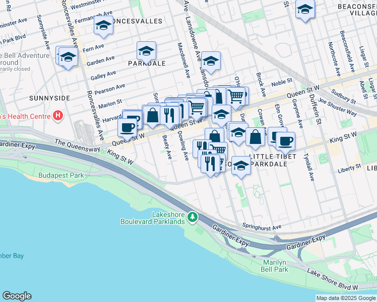 map of restaurants, bars, coffee shops, grocery stores, and more near 48 Leopold Street in Toronto