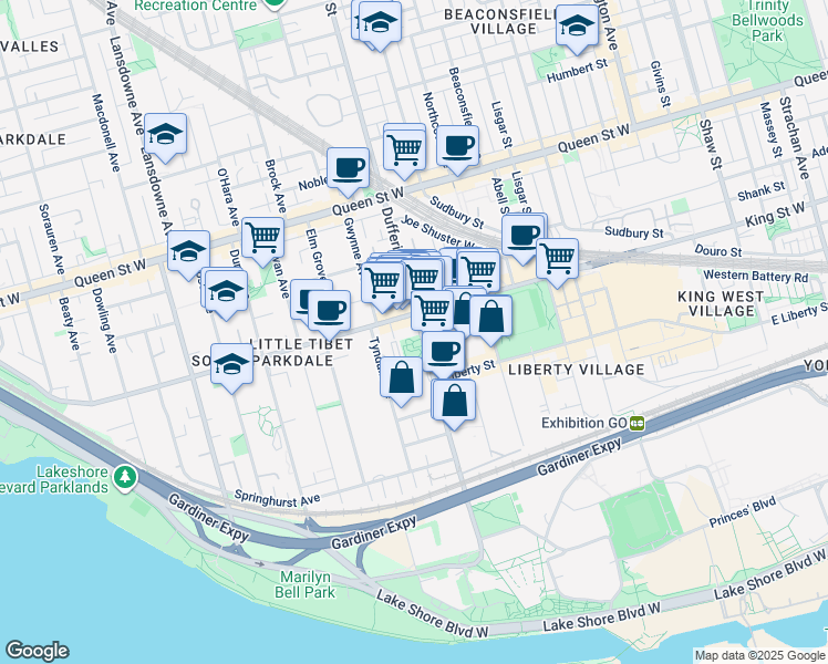 map of restaurants, bars, coffee shops, grocery stores, and more near 270 Dufferin Street in Toronto
