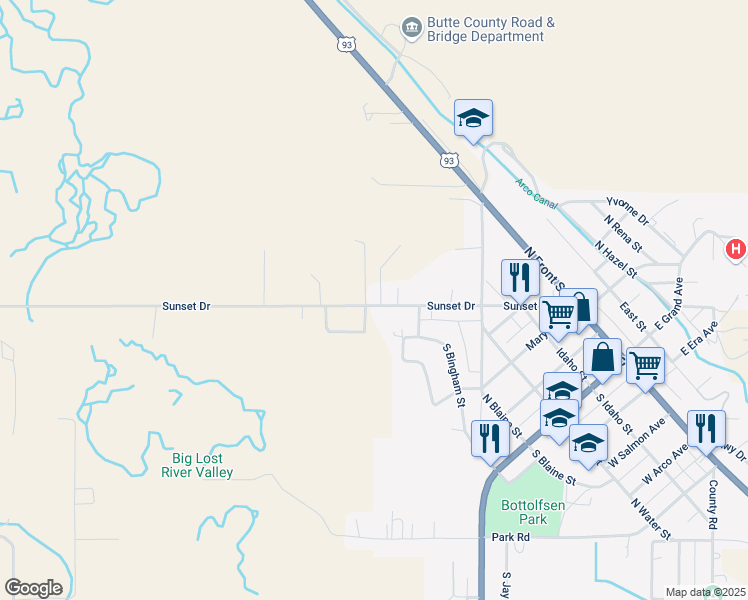 map of restaurants, bars, coffee shops, grocery stores, and more near 3067 West 2500 North in Arco