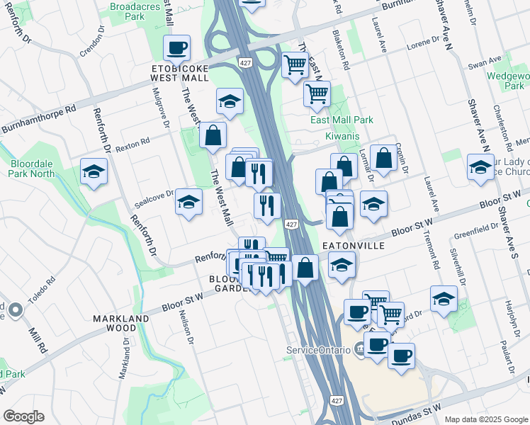 map of restaurants, bars, coffee shops, grocery stores, and more near 15 Eva Road in Toronto
