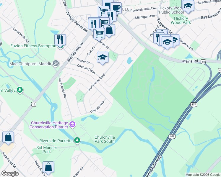 map of restaurants, bars, coffee shops, grocery stores, and more near 87 Ashdale Road in Brampton