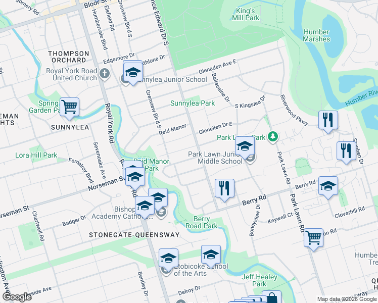 map of restaurants, bars, coffee shops, grocery stores, and more near 5 Kirk Bradden Road West in Toronto