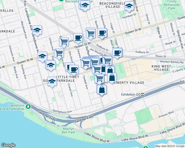 map of restaurants, bars, coffee shops, grocery stores, and more near in Toronto