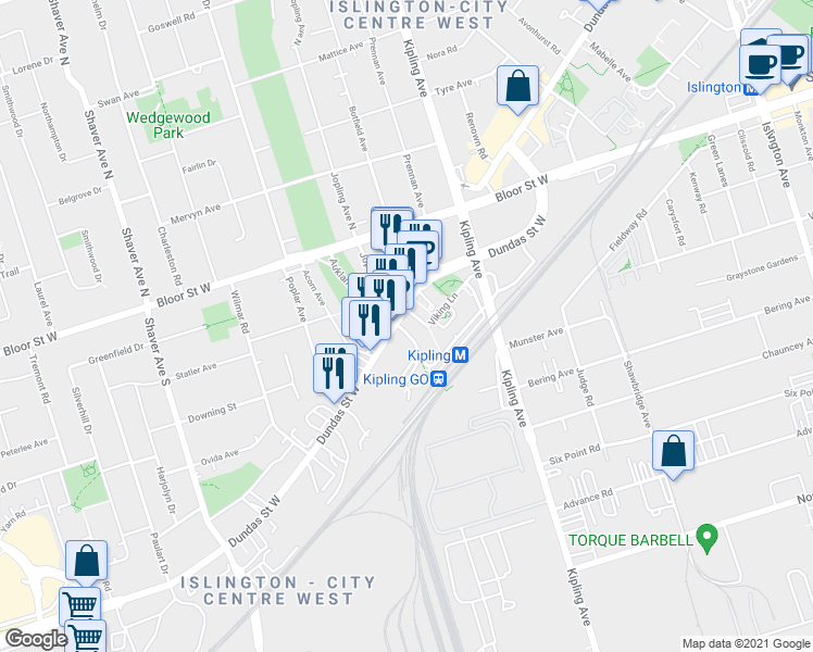 map of restaurants, bars, coffee shops, grocery stores, and more near 5249 Dundas Street West in Toronto