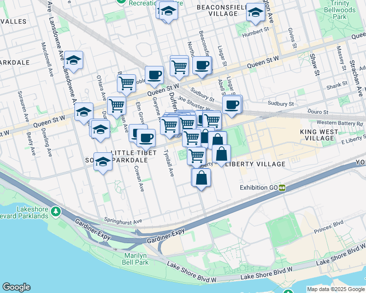 map of restaurants, bars, coffee shops, grocery stores, and more near 270 Dufferin Street in Toronto