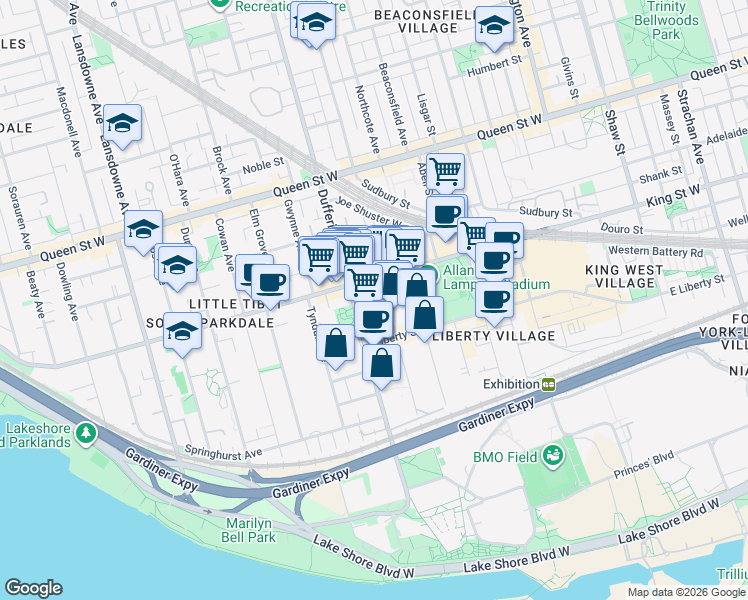 map of restaurants, bars, coffee shops, grocery stores, and more near 96 Mowat Avenue in Toronto