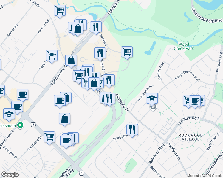 map of restaurants, bars, coffee shops, grocery stores, and more near 4701 Tahoe Boulevard in Mississauga
