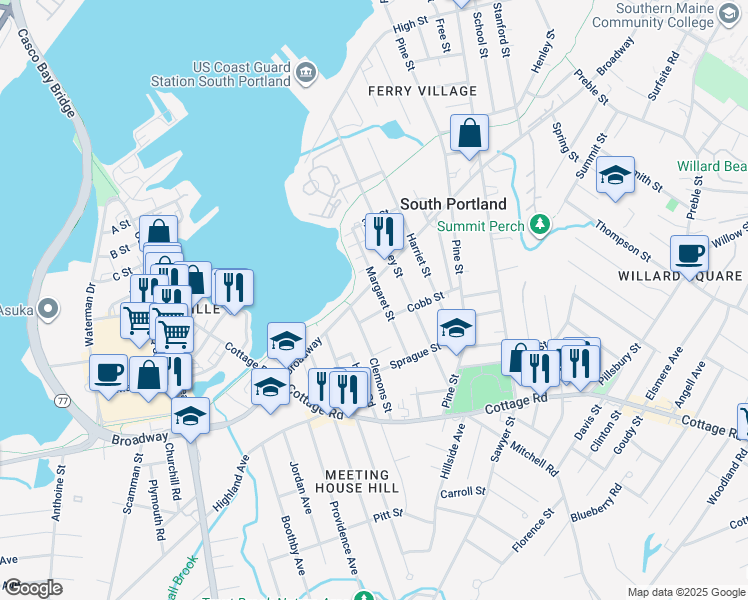 map of restaurants, bars, coffee shops, grocery stores, and more near 10 Clemons Street in South Portland