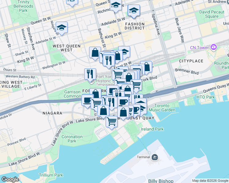 map of restaurants, bars, coffee shops, grocery stores, and more near 169 Fort York Boulevard in Toronto