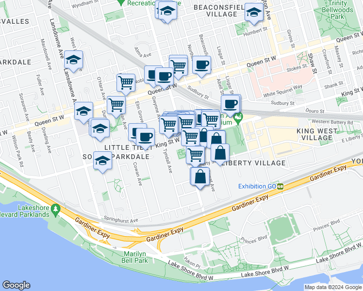 map of restaurants, bars, coffee shops, grocery stores, and more near in Toronto