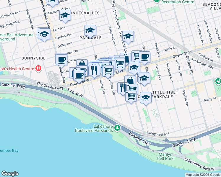 map of restaurants, bars, coffee shops, grocery stores, and more near in Toronto