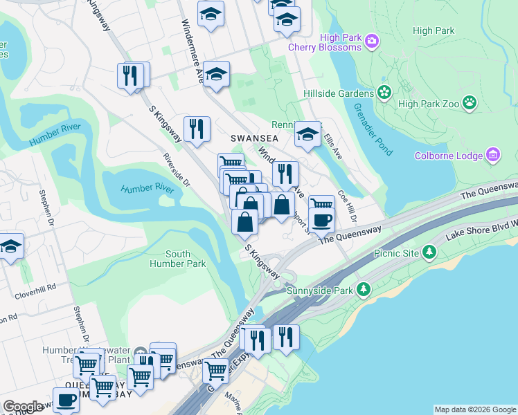 map of restaurants, bars, coffee shops, grocery stores, and more near 2285 Lake Shore Boulevard West in Toronto