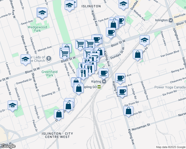 map of restaurants, bars, coffee shops, grocery stores, and more near 5249 Dundas Street West in Toronto