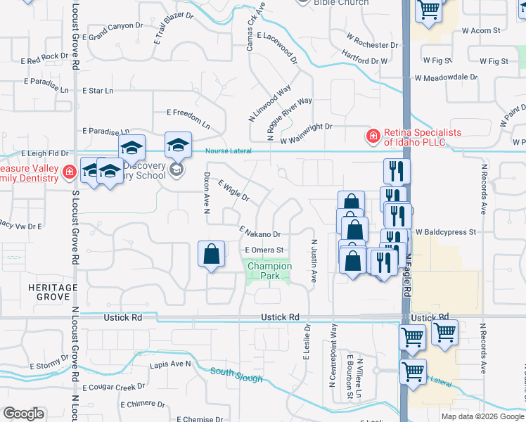map of restaurants, bars, coffee shops, grocery stores, and more near 3645 North Petty Way in Meridian