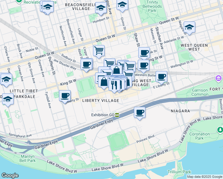 map of restaurants, bars, coffee shops, grocery stores, and more near Hanna Avenue in Toronto
