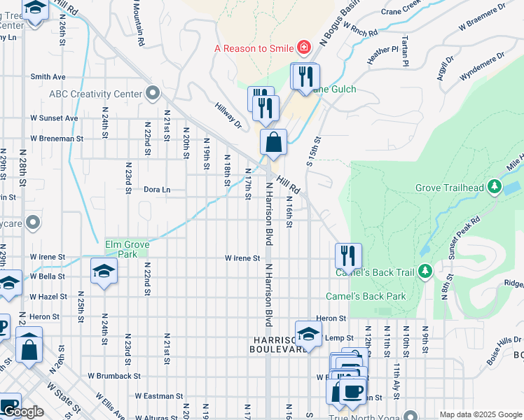 map of restaurants, bars, coffee shops, grocery stores, and more near 2111 North Harrison Boulevard in Boise