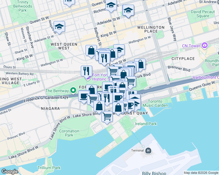 map of restaurants, bars, coffee shops, grocery stores, and more near 169 Fort York Boulevard in Toronto