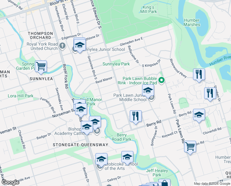 map of restaurants, bars, coffee shops, grocery stores, and more near 5 Kirk Bradden Road West in Toronto
