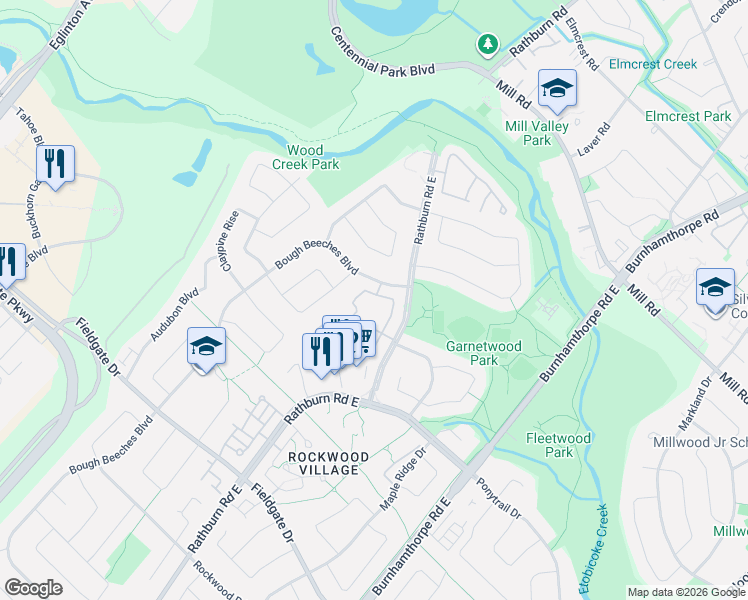 map of restaurants, bars, coffee shops, grocery stores, and more near 1951 Rathburn Road East in Mississauga
