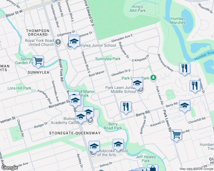 map of restaurants, bars, coffee shops, grocery stores, and more near 5 Kirk Bradden Road West in Toronto