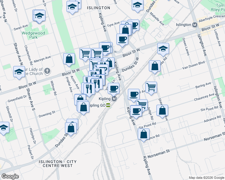 map of restaurants, bars, coffee shops, grocery stores, and more near 25 Viking Lane in Toronto