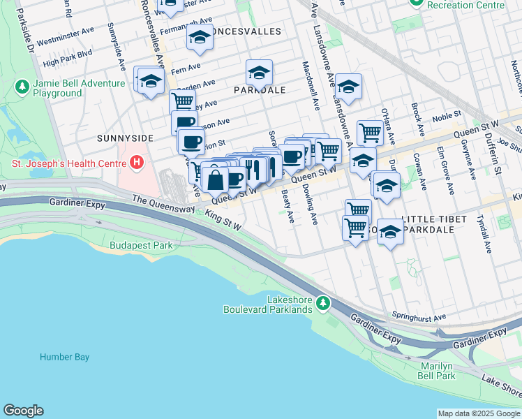 map of restaurants, bars, coffee shops, grocery stores, and more near 66 Wilson Park Road in Toronto