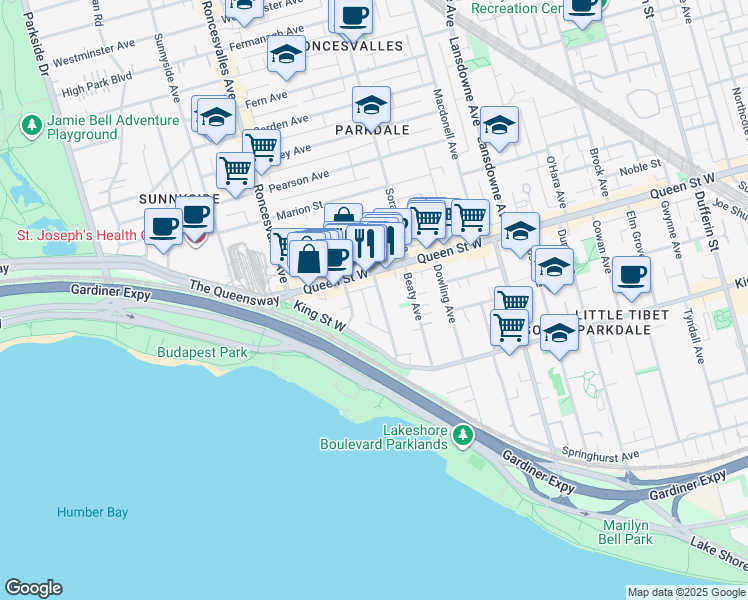 map of restaurants, bars, coffee shops, grocery stores, and more near 66 Wilson Park Road in Toronto