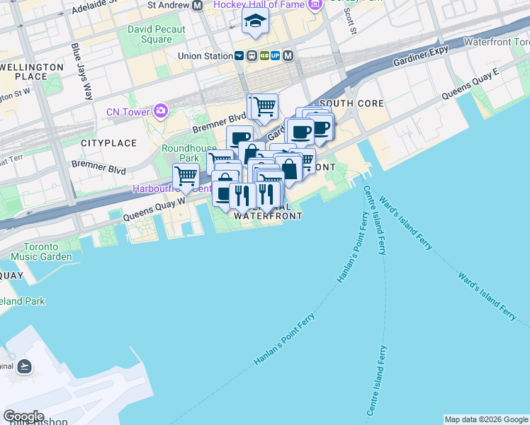 map of restaurants, bars, coffee shops, grocery stores, and more near 211 Queens Quay West in Toronto