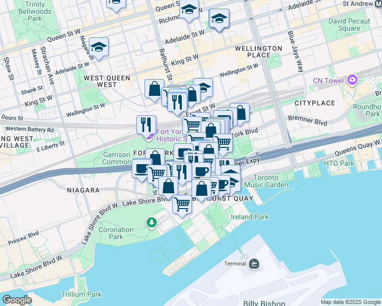 map of restaurants, bars, coffee shops, grocery stores, and more near 169 Fort York Boulevard in Toronto