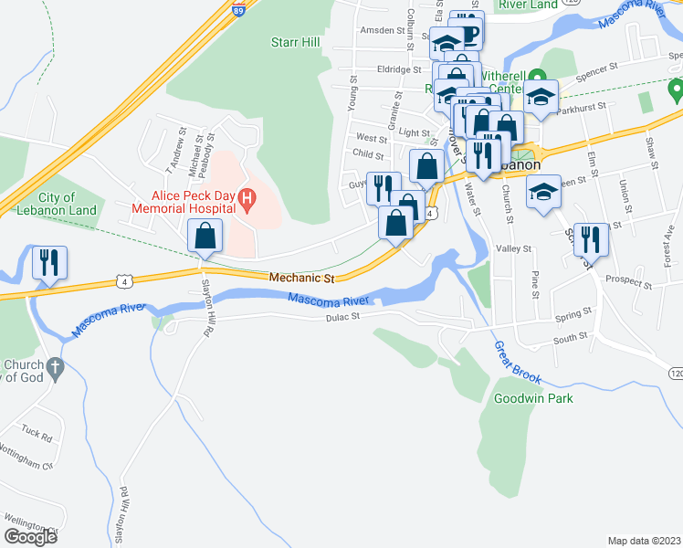 map of restaurants, bars, coffee shops, grocery stores, and more near 88 Mechanic Street in Lebanon
