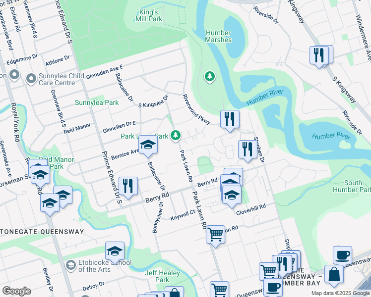 map of restaurants, bars, coffee shops, grocery stores, and more near 2 Hill Heights Road in Toronto